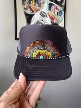 F7 Boho Feather Trucker Hat w/ Trim